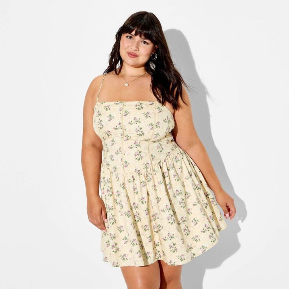 Women's Fit and Flare Basque Mini Dress - Cream Floral 2X: Cottagecore